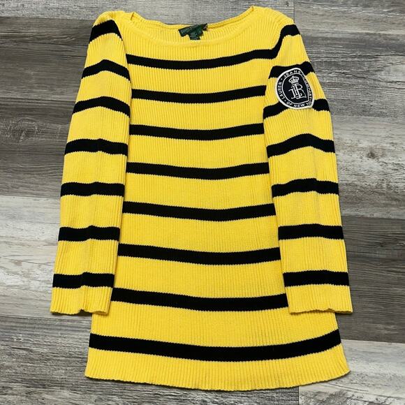 Ralph Lauren Jeans Yellow Black Striped Womens S Crest Patch Logo Ribbed Sweater - Picture 2 of 8